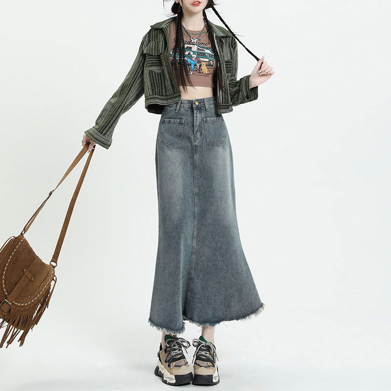 Raw Edge Denim Skirt Women's Summer Mid-length Retro A- line Skirt High Waist ins Trendy Slimming Hip Fishtail Skirt