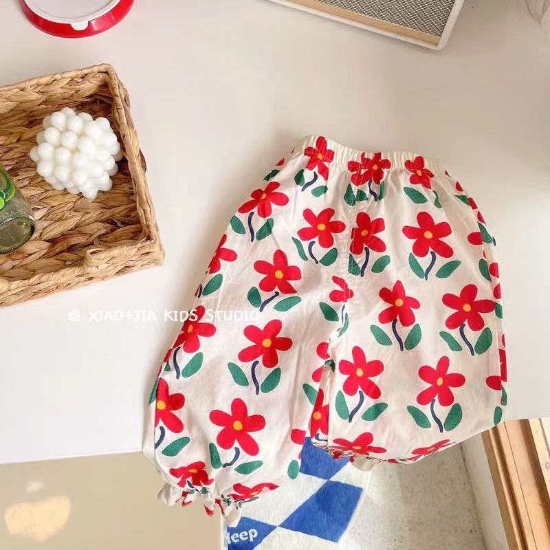Picture of Girls' Holiday Sunscreen Pants Children's Retro Floral Summer All-match Anti-mosquito Pants Summer Printed Mid-waist Beach Pants