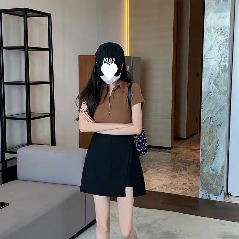 Irregular plus size 2024 Spring and Summer High Waist Slimming Split Black Skirt Chubby Belly Covering Short Skirt for Women
