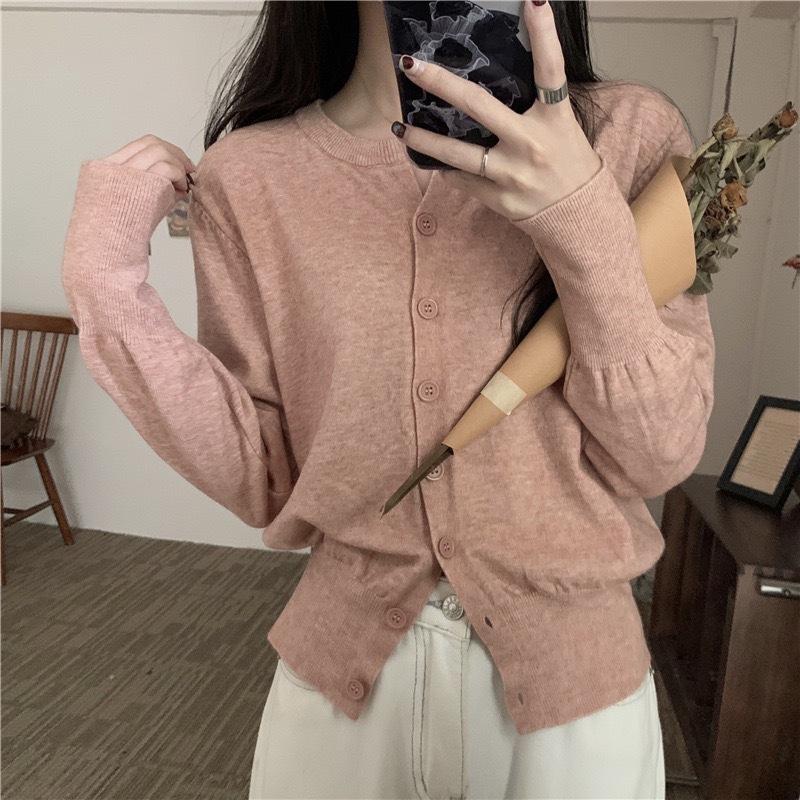 Nalifen Korean style gentle pink sweater women's soft Nuo skin-friendly sweater small cardigan round neck sweater coat women