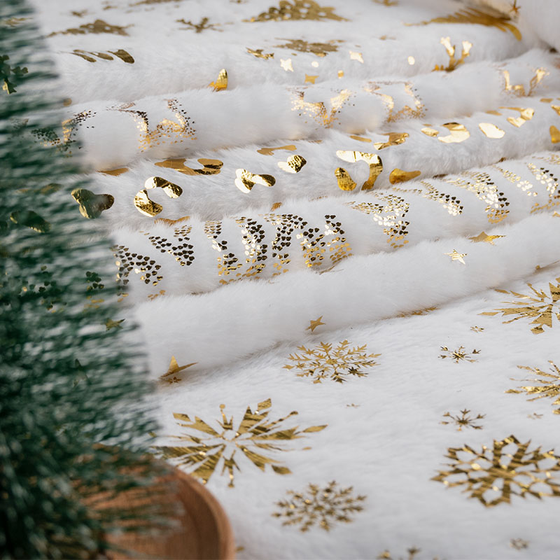 Rabbit Plush Embroidered Gold Velvet Fabric White Background Snowflake Christmas Tree Skirt Decorative Fabric