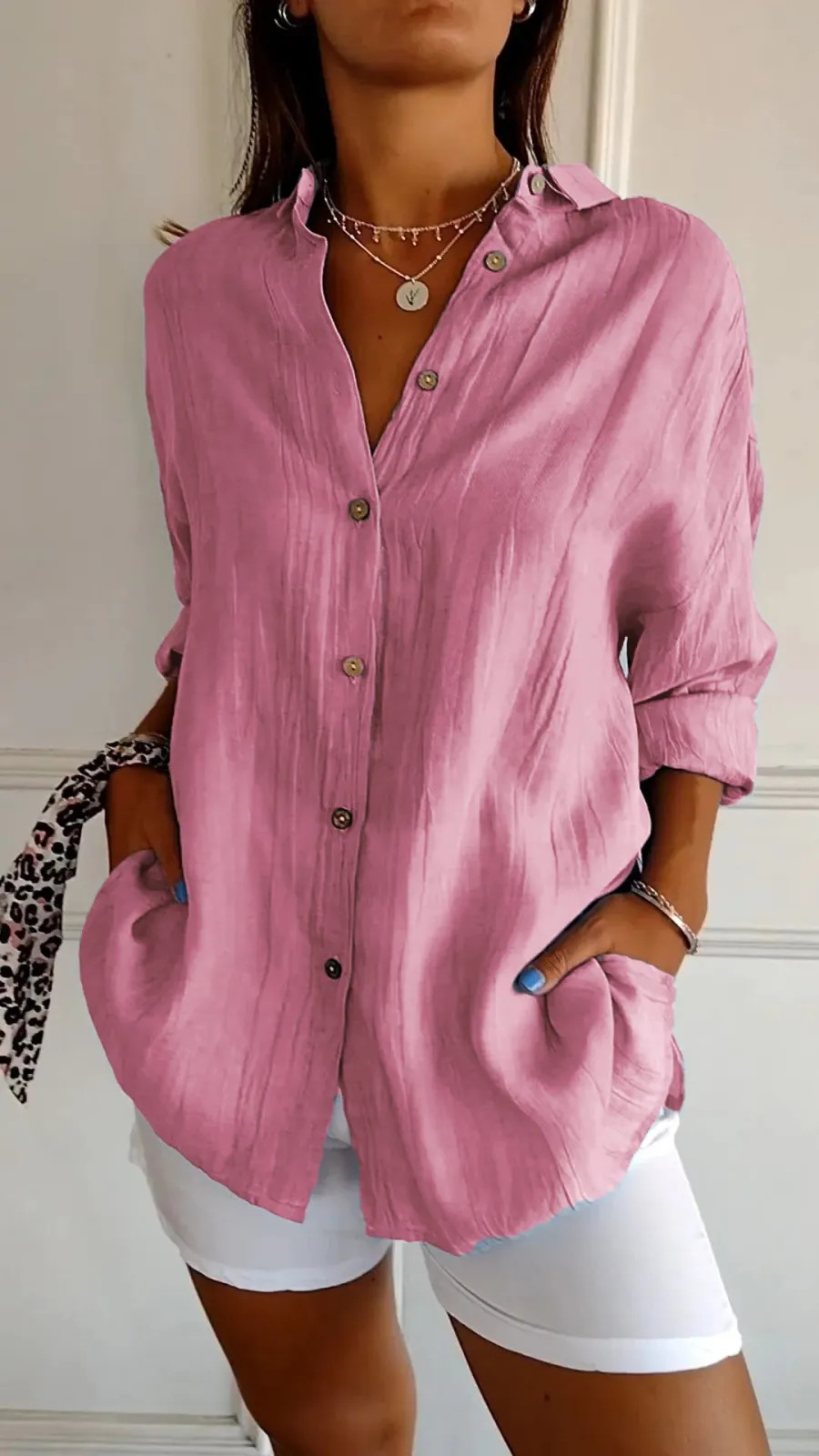 Picture of 2024 New Single-breasted Pleated Lapel Shirt Independent Station Explosions Women's Solid Color European and American Sleeve Top