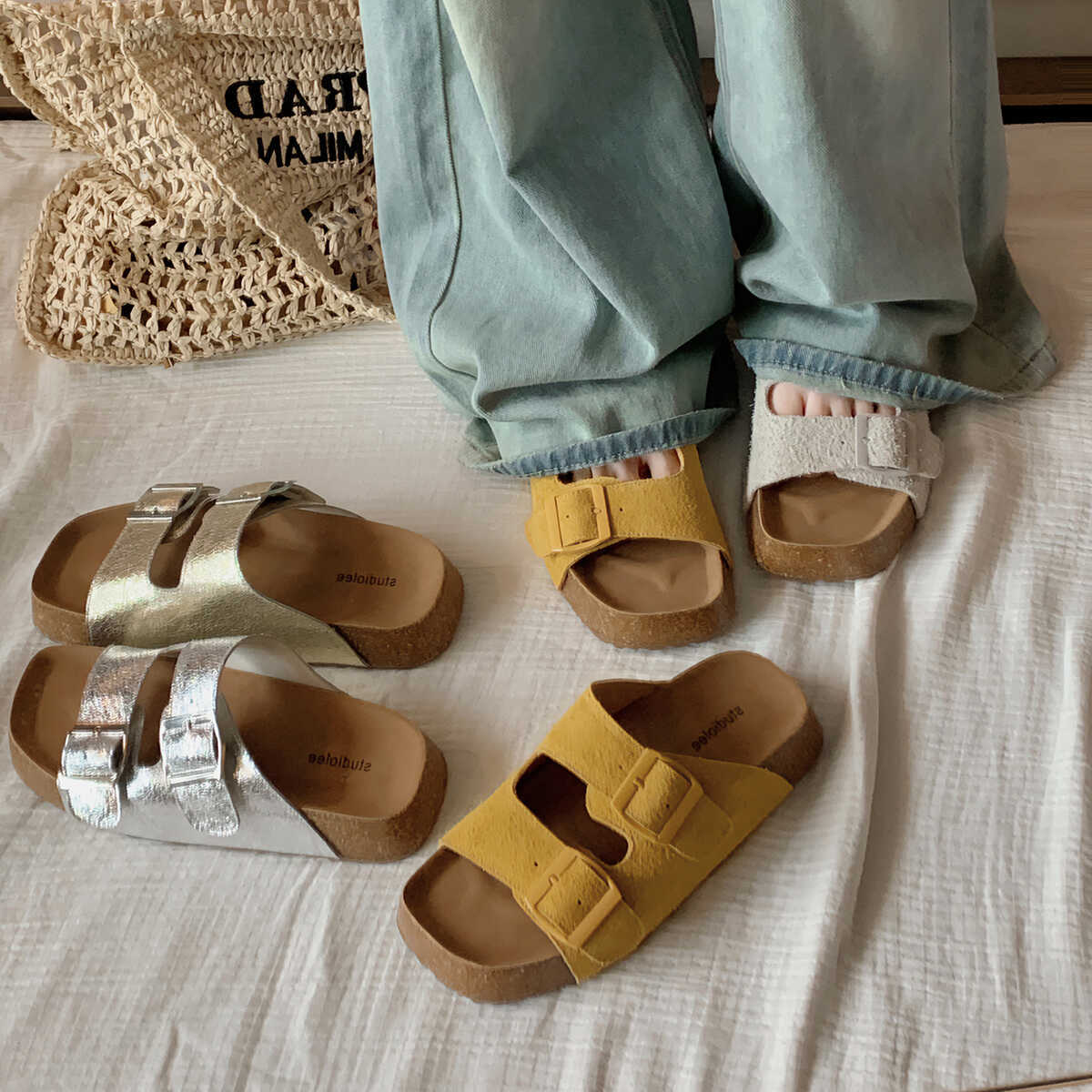 Grape Mom's Same Style Birkenstock Shoes for Women, Summer Slip-On Double Buckle Genuine Leather Thick-Soled Sandals Birkenstock Slippers