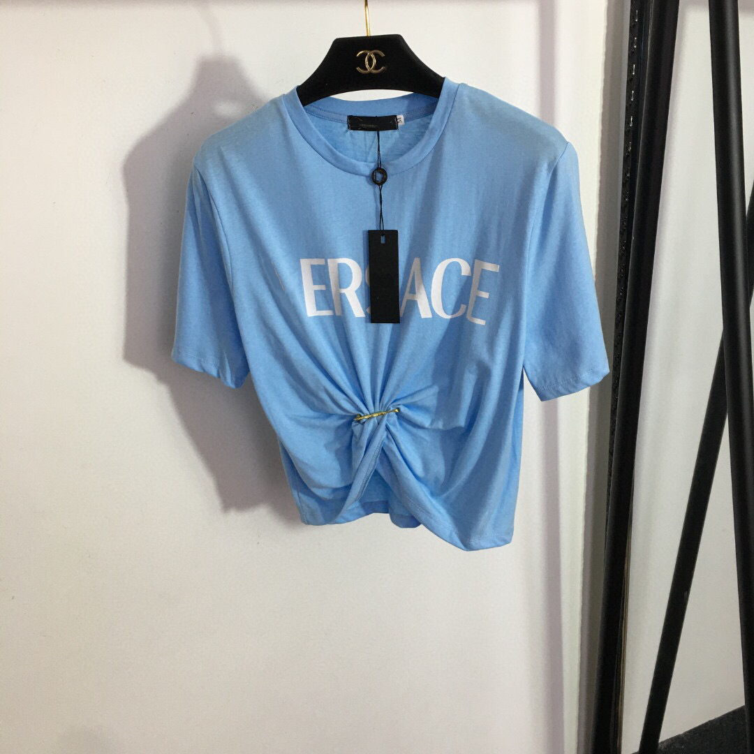 2023 New Summer Women's Casual Short-Sleeved T-Shirt Short Navel-Baring Pin Decorative Letter Print Trendyy and Versatile