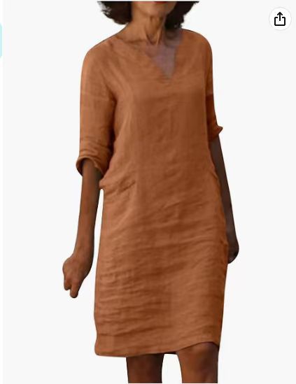 Picture of Amazon European and American autumn cotton and linen small V-neck stitching retro solid color 3/4 sleeve dress women's linen cotton fabric
