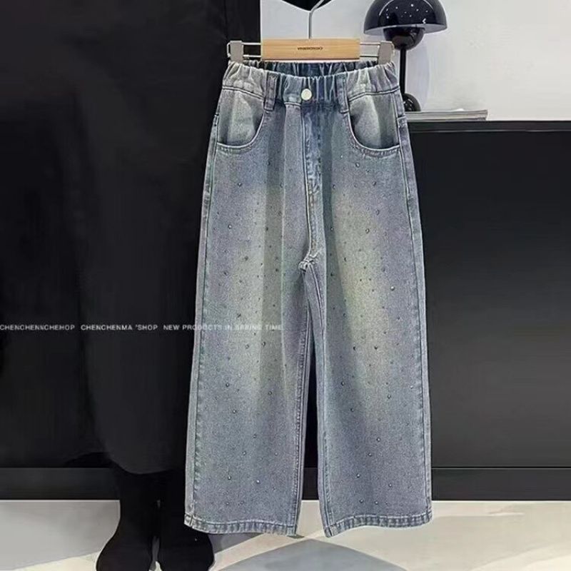 Picture of Girls' Rhinestone Jeans Spring and Autumn Style, Big Children's Spring Straight Narrow Pants, Girls' Spring Wide-Leg Loose Pants