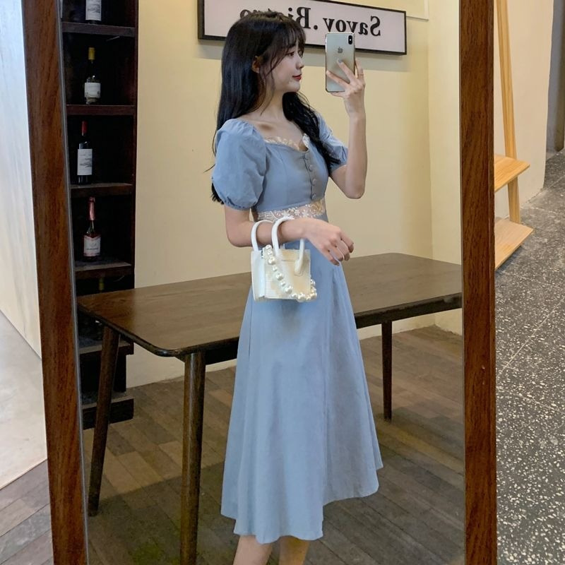 2024 New Tea Break French Gentle Style Long Skirt Sweet Blue V-Neck Summer Waist Slimming Look Dress Fashion