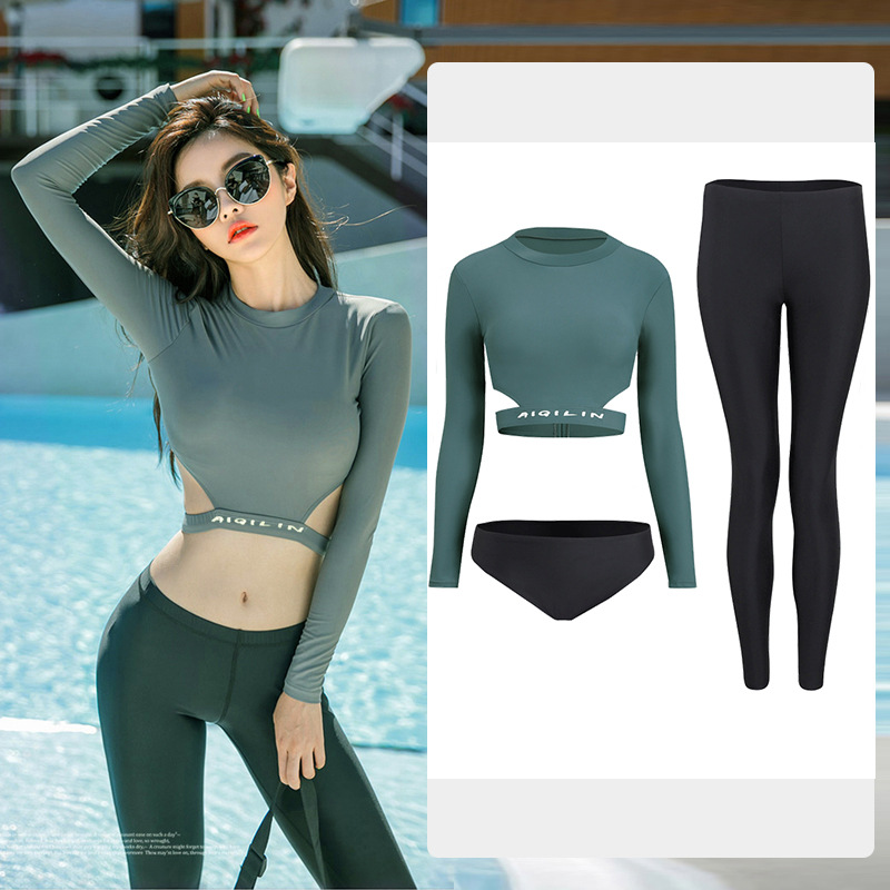 Split Swimsuit Women's Conservative Long-sleeved South Korea Slimming Gather-up High Waist Sexy Hot Spring Fresh Swimsuit Diving