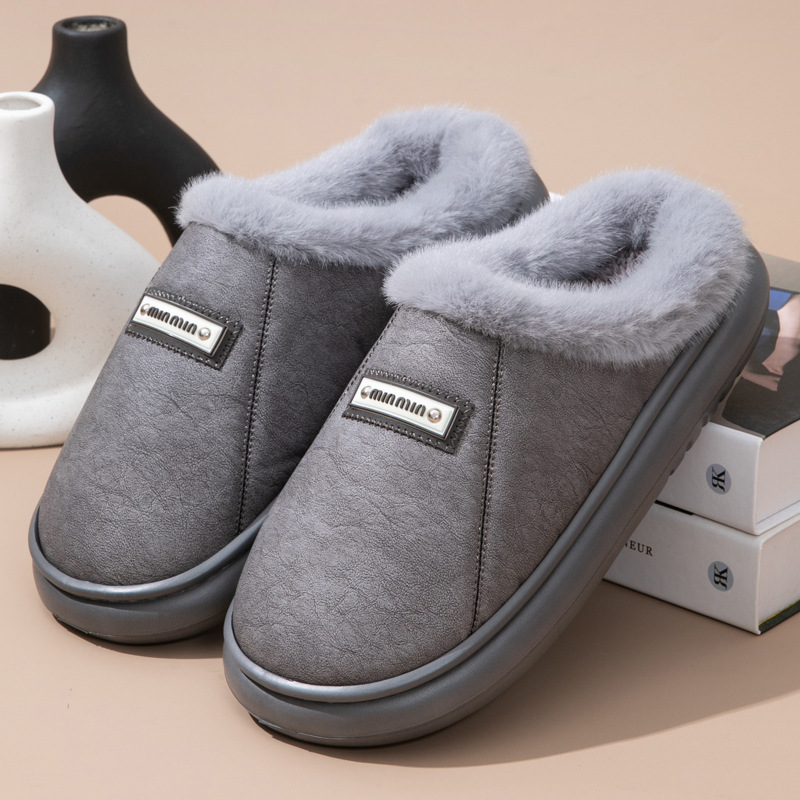 Cross-border PU cotton slippers, autumn/winter warm, home waterproof, non-slip, couple's winter fleece-lined warm foot slippers, wholesale