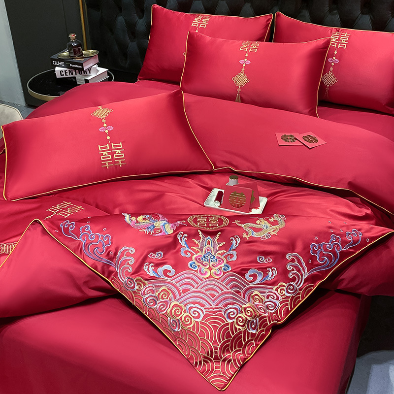 Picture of High-end European-style Wedding Four-piece Cotton Big Red Embroidered Sanding Quilt Cover Wedding Bedding Accompanying Wedding Room