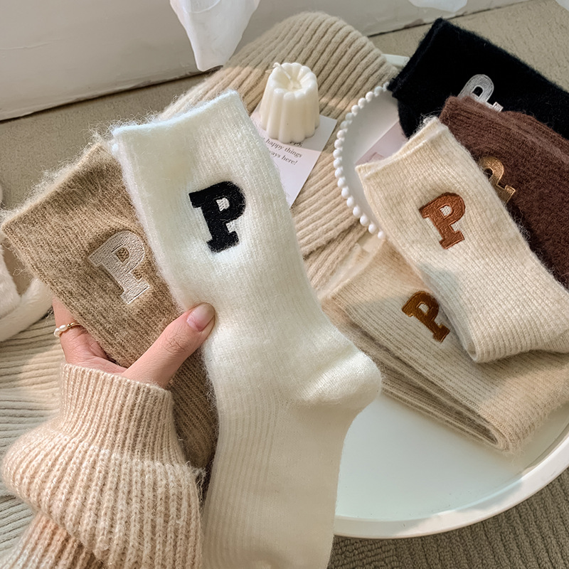 Wool socks women's autumn and winter fleece-lined thick warm mid-calf length socks ins tide P letter pile socks sleep stockings