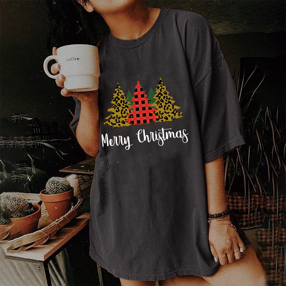 2021Wish Cross Border Christmas Merry Christmas Christmas Tree Shoulder Sleeve Pattern Women Shoulder T-Shirt