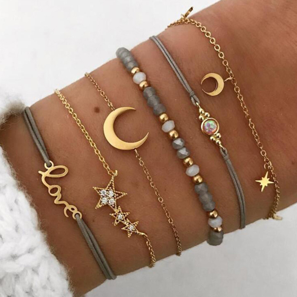 Europe and the United States cross-border new temperament personality pendant star moon bracelet string gray bead bracelet six-piece bracelet