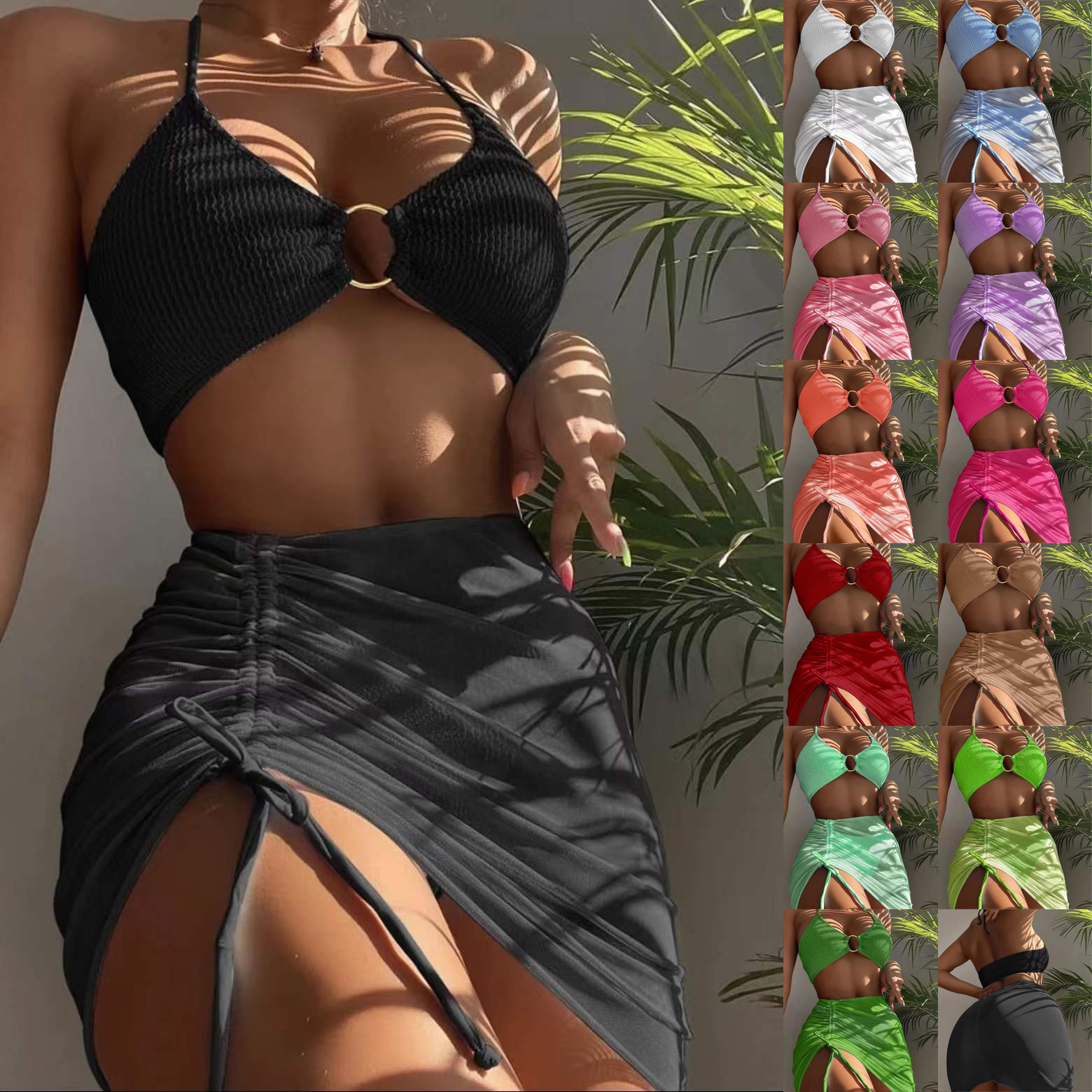 Women's Swimsuit Multi-Color Sexy European and American Short Skirt Halter Three-Piece Split Swimsuit Bikini Export Bikini in Stock
