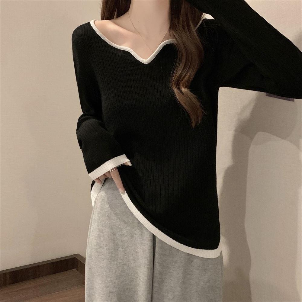 Picture of Large Size Sweater Women's 2022 New Autumn Design Contrasting Color Square Collar Clavicle Base Shirt Slim Shirt