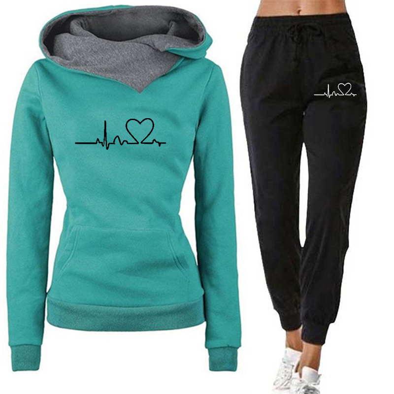 New Spring Autumn Winter Casual Sportswear Suit Heart Rate Printing Women's Hoodie Sweater Suit Trendy