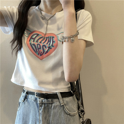 Hot Girl T-Shirt Summer K-Style 2025 New Heart Print Slim Fit Short Style Discreet Short-Sleeved Top for Women
