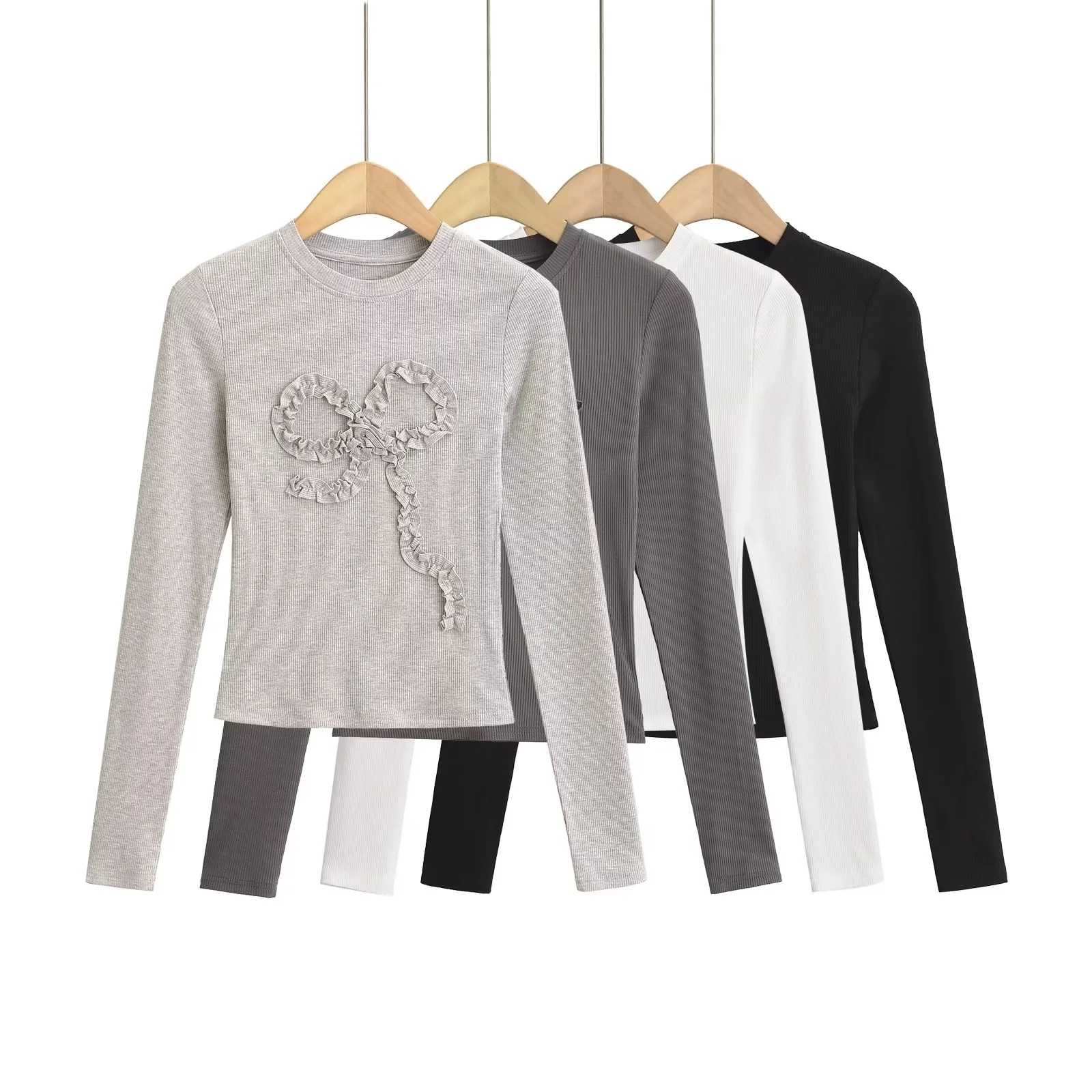 Chic Sweet Spice Girl Three-dimensional Pinch Pleated Bow Decorative Long-sleeved T-shirt Early Autumn Slim-fit Slimming Shoulder Base Top