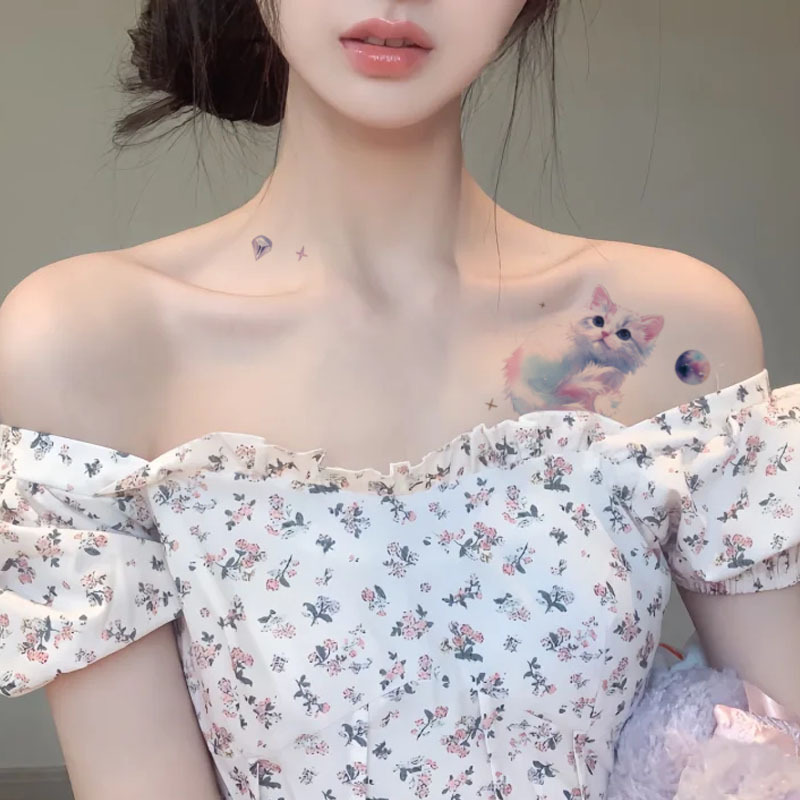 Picture of Color Tattoo Sticker Women's Waterproof Long-lasting Kitten Cartoon Arm Collarbone Painted Cute Personality Pattern Dopamine Sticker