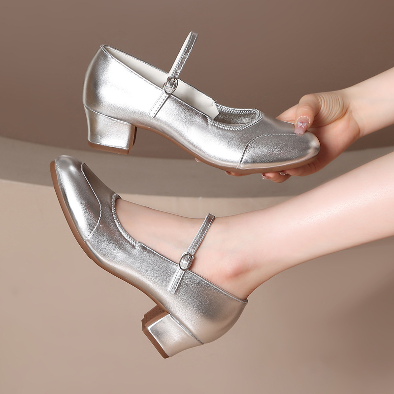 2024 New silver High-end Square Dance Shoes Women's Genuine Leather Social Dance Shoes Beef Sole Fashion All-match Dance Shoes