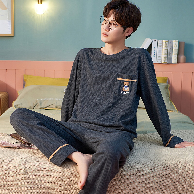 Jiaocaimeng Pajamas Men's Spring and Autum Cotton Long-Sleeved Two-Piece Suit Large Size Loose Young Men's Casual Home Wear