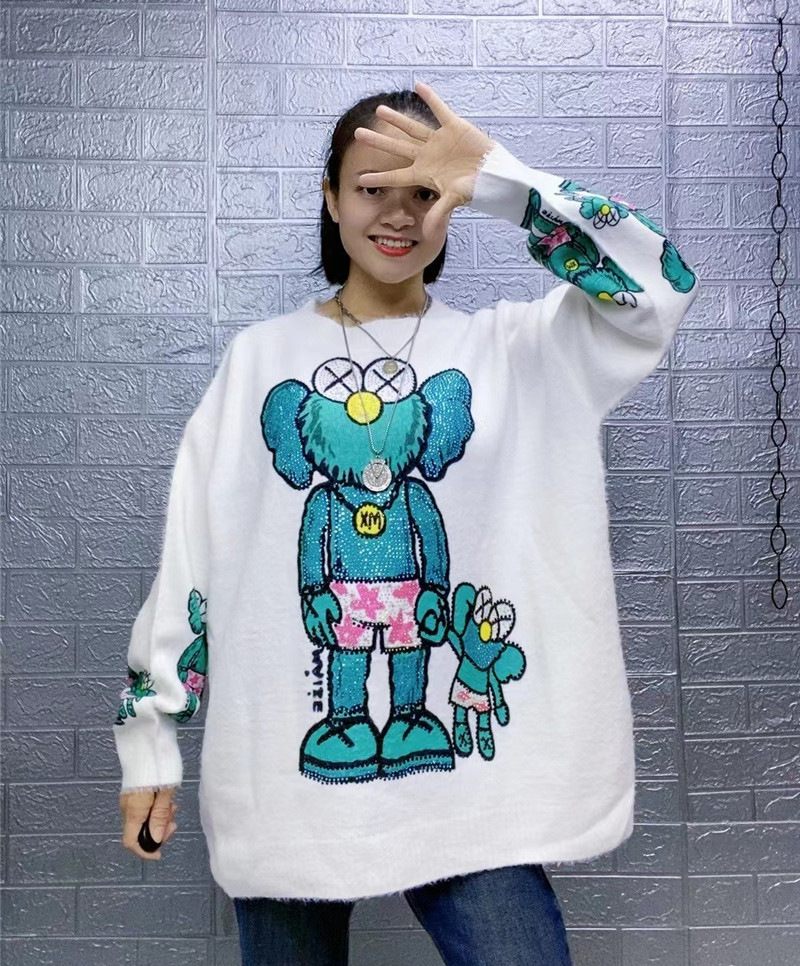 Autumn and Winter New Printed Sesame Street Long-sleeved Knitted Sweater Women's Heavy Industry European plus size Lazy Style All-match Top