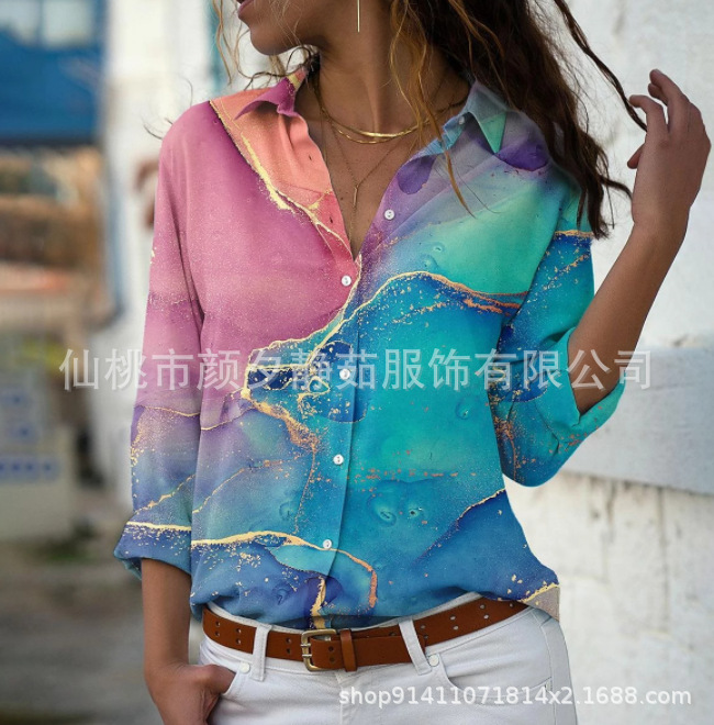 Picture of 2022 New Foreign Trade Women's AliExpress Spring Long Sleeve Shirt Fashion plus size Printed Top