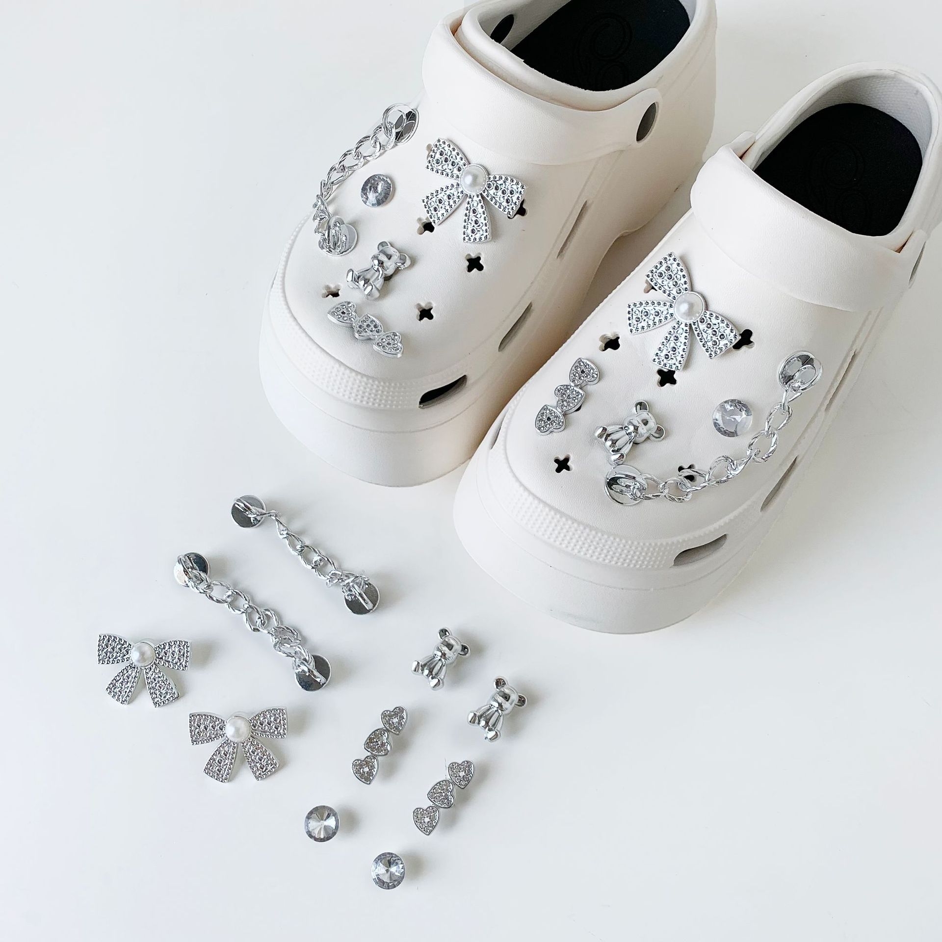 hole shoes shoes flower accessories baroque rhinestone pearl diy silver butterfly chain handmade fashion decorative shoe buckle