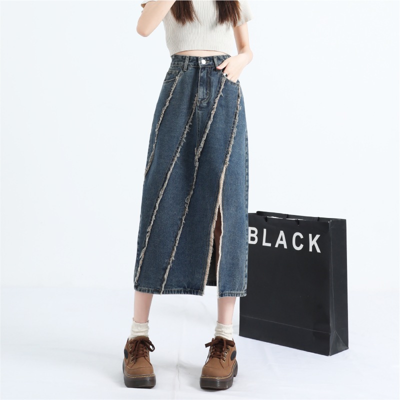 Irregular khaki Denim Skirt Women's Summer High Waist Slimming Mid-length Tassel Split A- line Hip Skirt