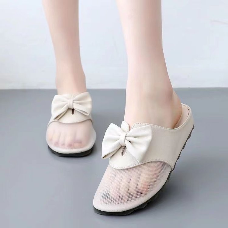 Mesh flat sandals women's outer wear 2024 New closed toe mesh half slippers low heel bow slippers women's summer