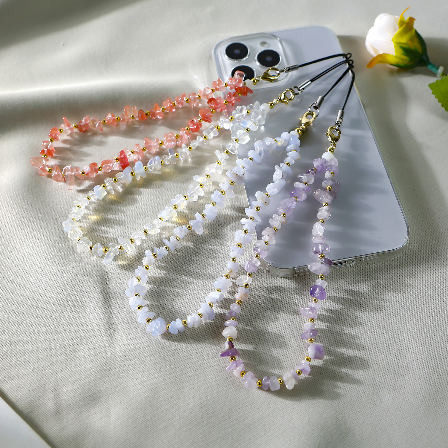 Cross-border Explosions Natural Gravel Beaded Mobile Phone Lanyard Natural Crystal Agate Dongling Stone Moonstone Mobile Phone Chain