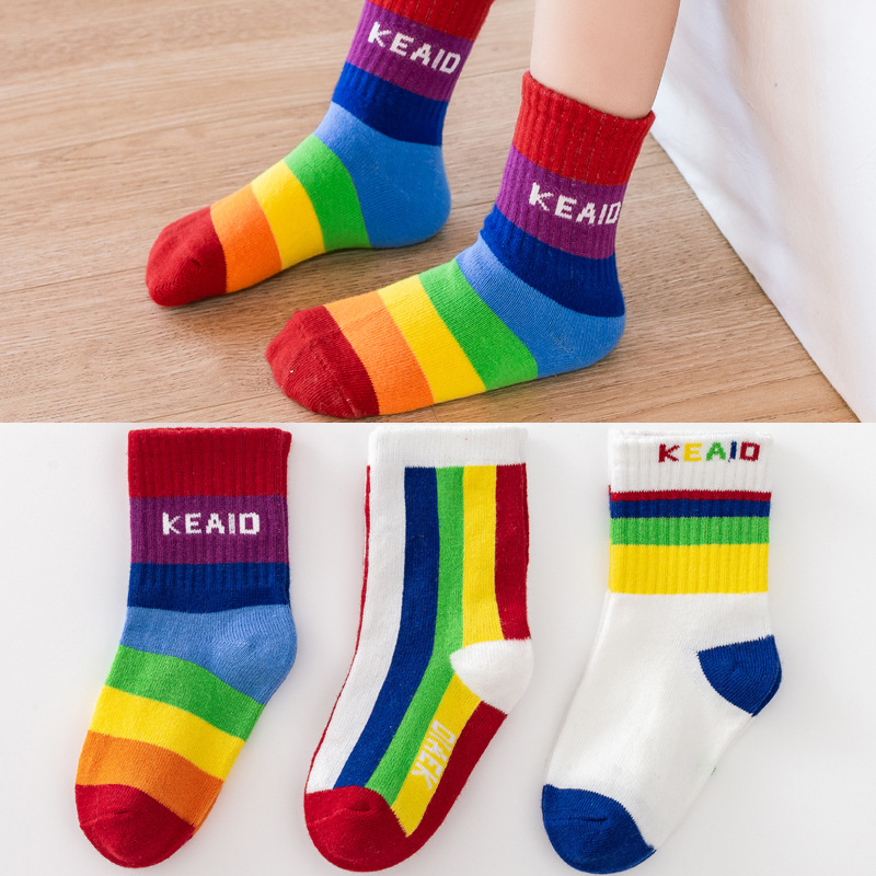 Picture of Children's Socks, Boys and Girls, Baby Mid-Calf Socks, Winter Cotton Socks, Korean Rainbow Socks, Spring & Fall Personalized Trendy Brand Socks