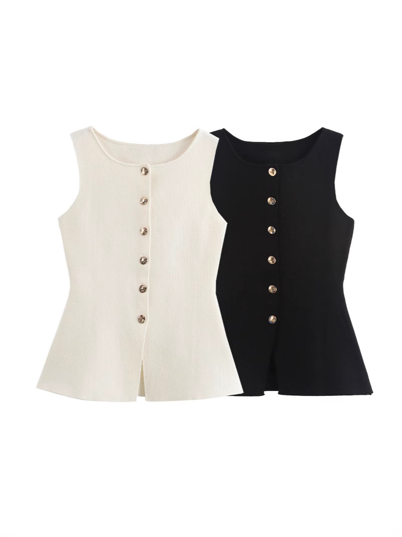 Amazon Cross-border Foreign Trade European and American Women's 2024 Fashion Street Golden Buckle Flat Needle Vest Vest Top