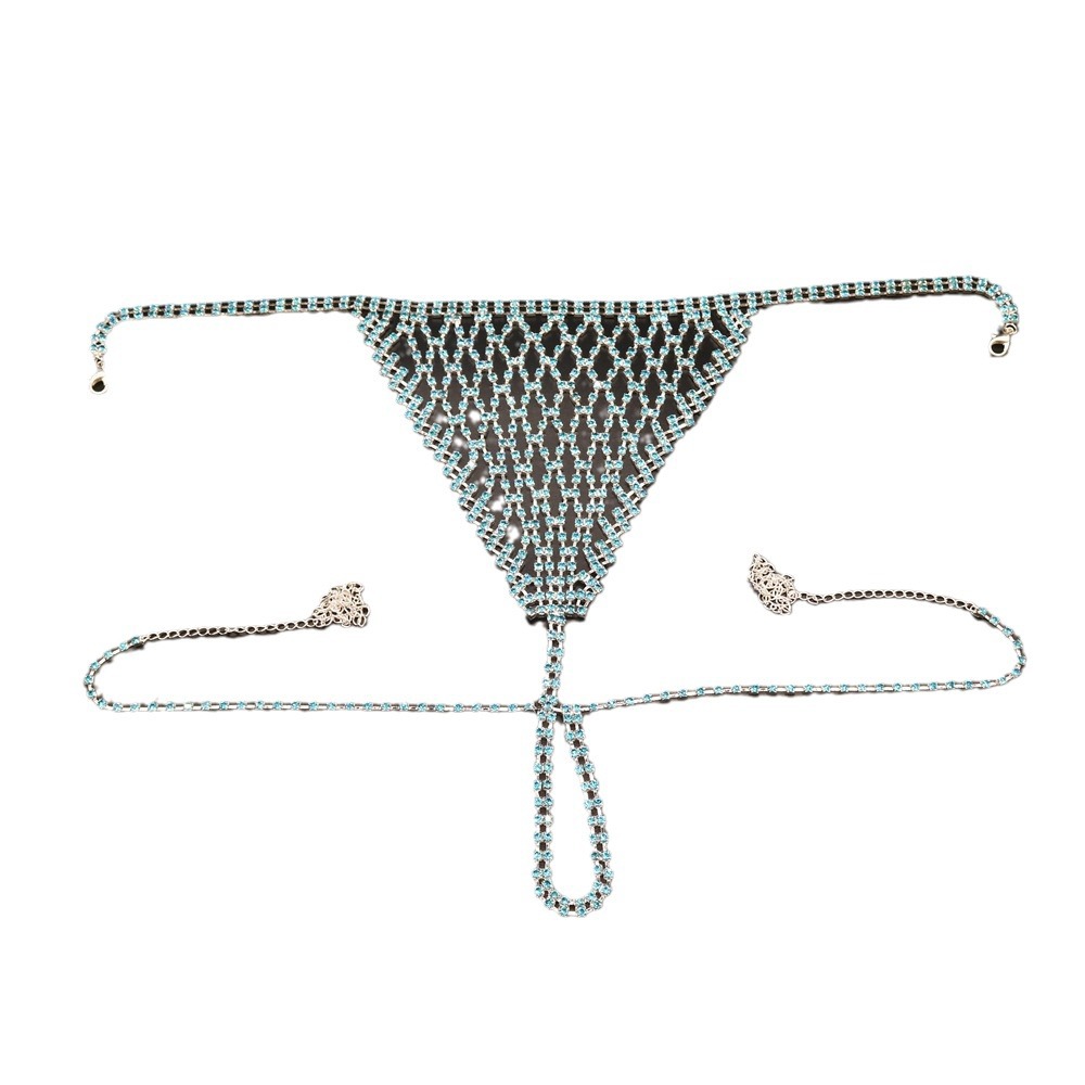 Picture of European and American Hot Sale Lake Blue Sexy Body Chain Set Nightclub Bikini Bra Shorts Short Skirt Body Jewelry Women