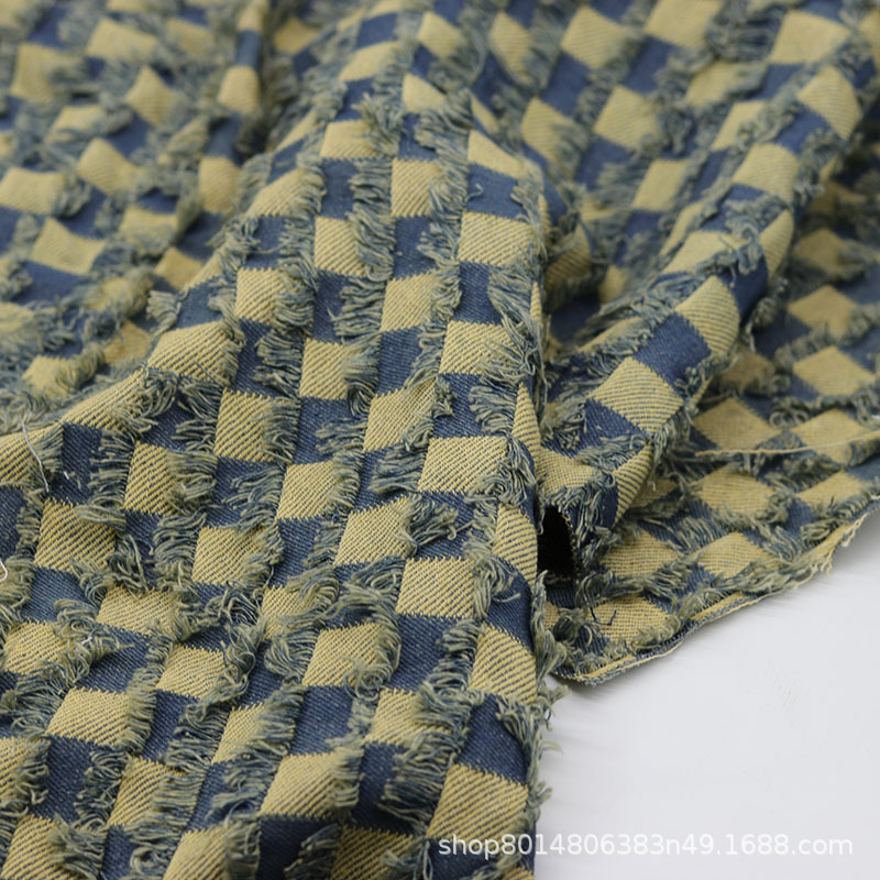 Picture of Wasteland Style Nostalgic Color Checkerboard Plaid Jacquard Washed Denim Fabric Clothing Fabric Jeans Jacket Non-Elastic
