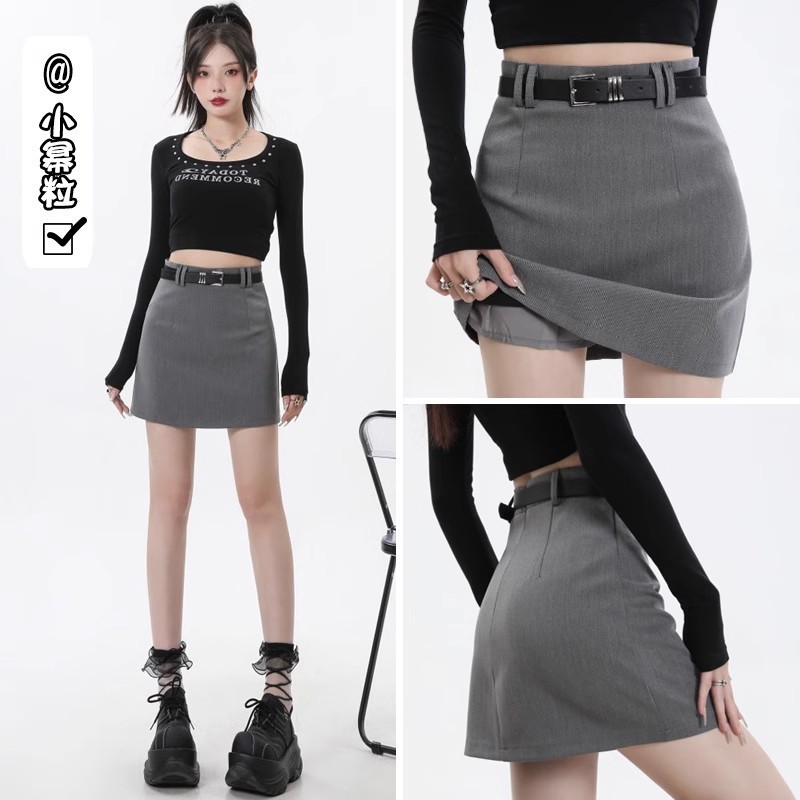Hot Girl Grey High Waist Suit Short Skirt Women's Spring and Summer Slim-fit Slimming Hip Skirt Anti-glare A- line Skirt Pants