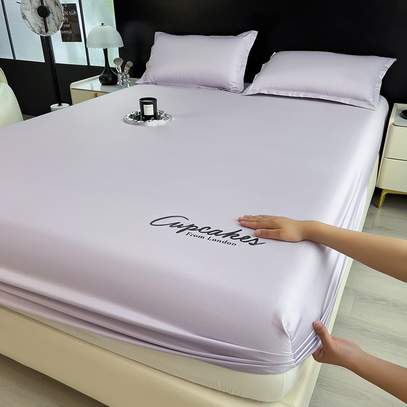 Picture of Summer New Ice Silk Fitted Sheet Three-Piece Set with Letter Embroidery Mattress Protector Single Dormitory Bed Sheet Bed Cover