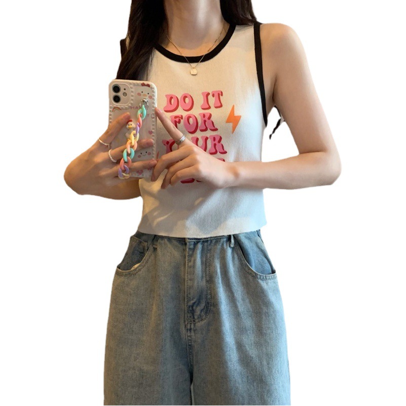 Letter Print Round Neck Contrast Color Small Camisole Vest Women's Summer New Inner Wear Sweet and Hot Short Sweater Top