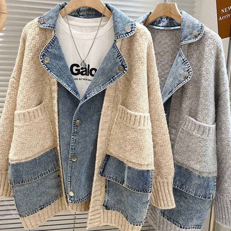 Korean Style Wear 2024 New Spring Hong Kong Style Retro Denim Stitching Knitted Sweater Jacket Women's Cardigan Trendy
