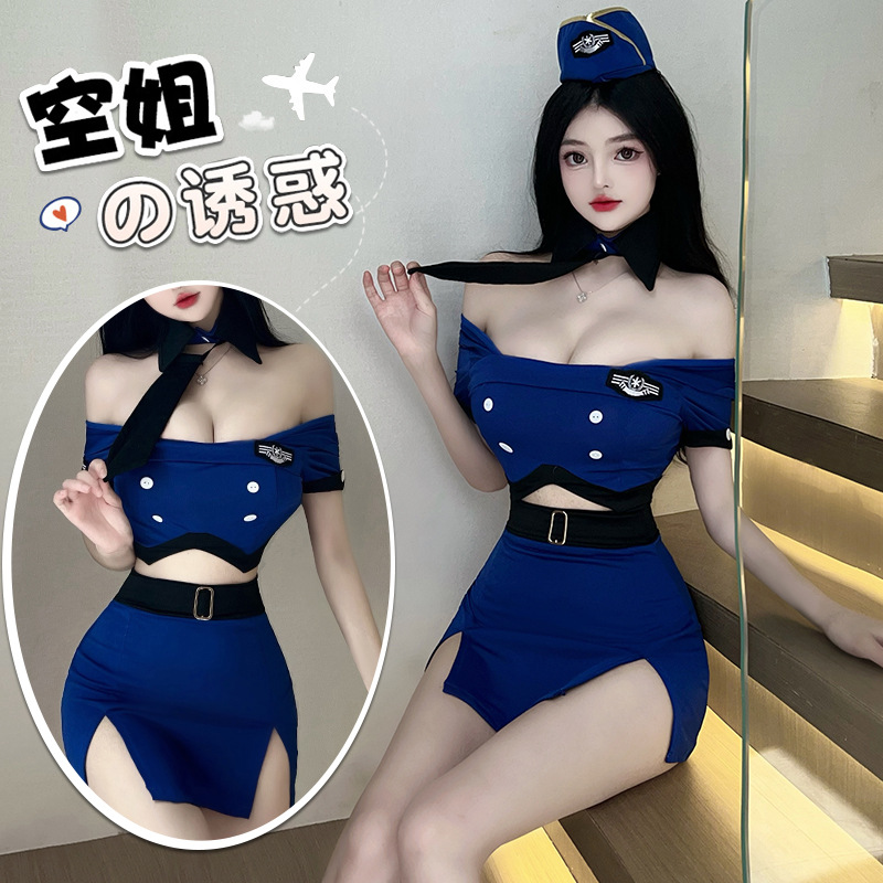Lin Lin Ting Sexy Lingerie Female Flight Attendant Uniform Temptation Hot Uniform No Need to Take Off Flirting Pajamas Set 2733