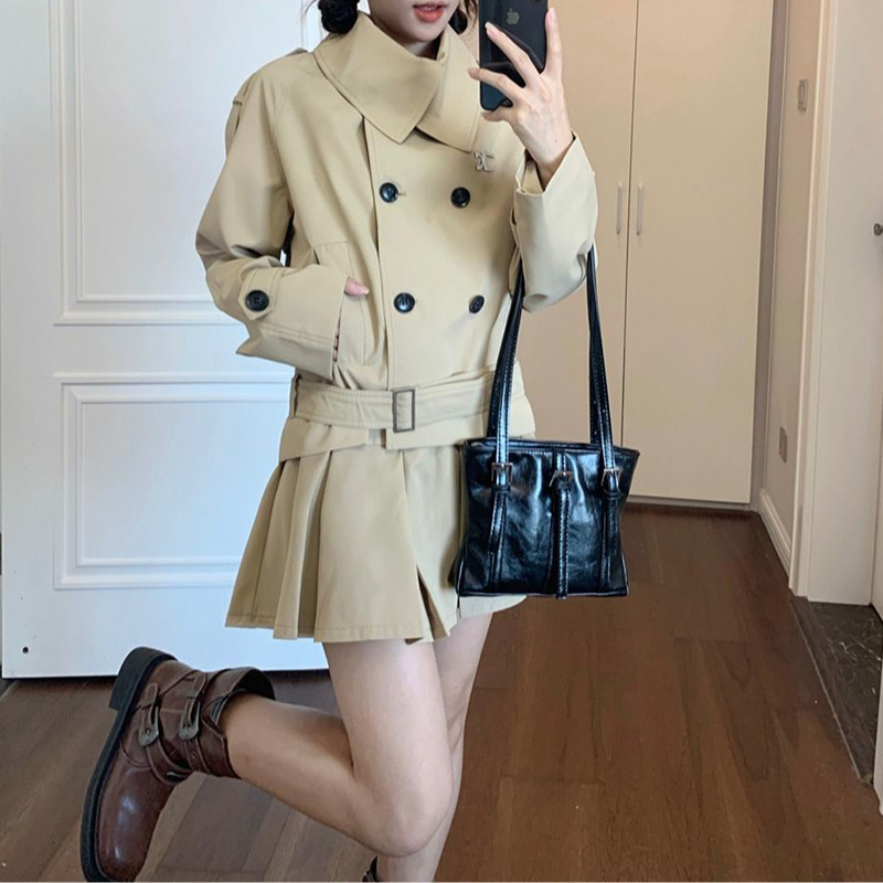 2025 Autumn Fashion Suit Design Double-Breasted Windbreaker Jacket Women's A-Line Pleated Skirt Two-Piece Trendy Set