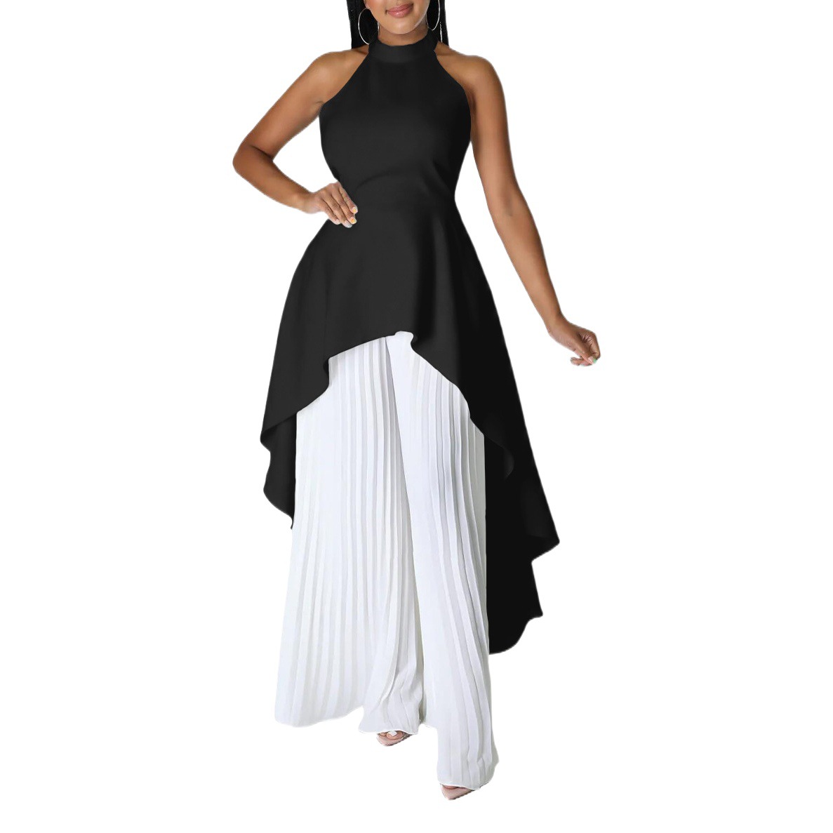 Exquisite Two piece set Original European and American Private Clothing Women's Backless Neck Top Pleated Wide Leg Pants