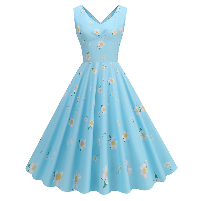 2025 Spring and Summer New Fresh Light Blue Daisy Print Dress Girls Party Dress