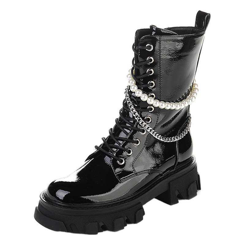 Foreign trade export Martin boots Korean style pearl chain mid-calf thick bottom slimming long legs Mary Jane Martin boots for women
