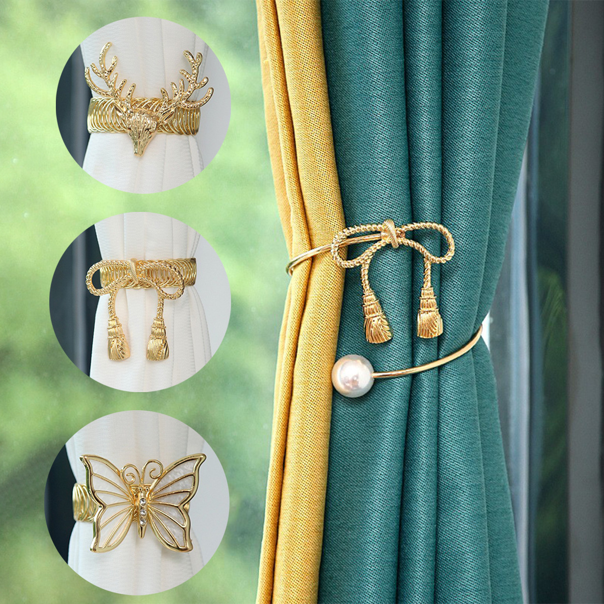 European and American simple bow pearl metal curtain buckle curtain strap spring automatic tightening curtain clip wholesale