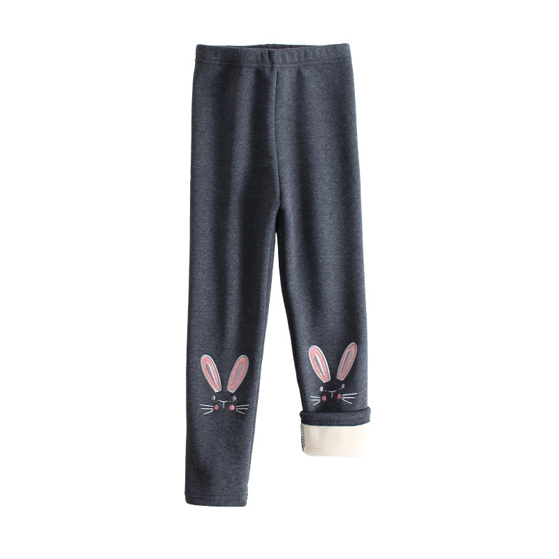 Picture of Winter Girls' Fleece-Lined Pure Cotton Children's Autumn and Winter Pants with Cartoon Bunny Embroidery, Thickened and Warm Baby Trousers