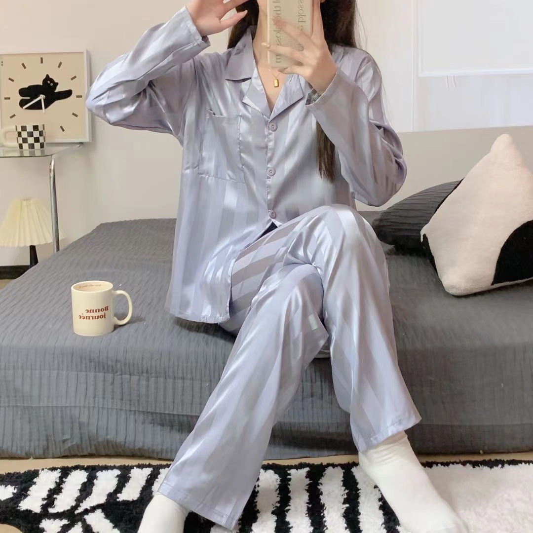 Picture of ins Cyber Celebrity Lace Long-sleeved Simple Black Spring and Autumn Long-sleeved Trousers Cardigan Pajamas Women's Sweet Loose Home Clothes