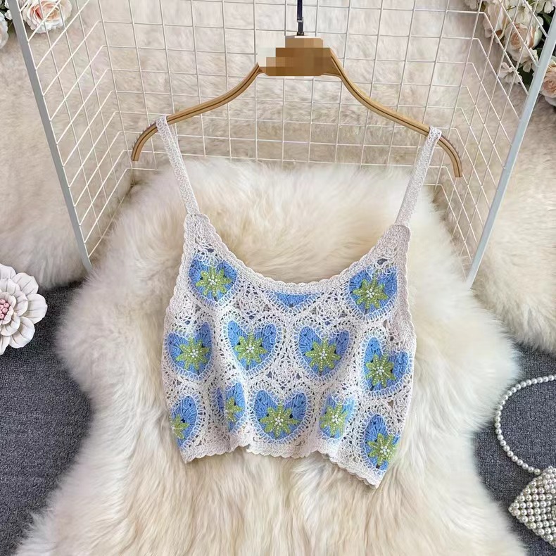 Retro fresh crocheted hollow-out camisole women's summer new style fashionable all-match short slim top