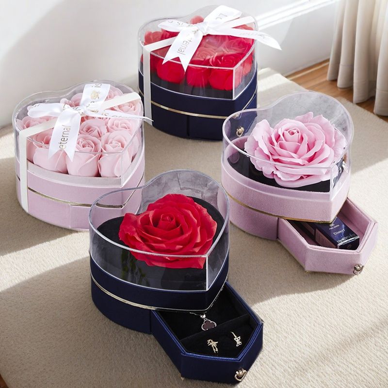 Picture of Heart-shaped Flower Box New Rose Drawer Silk Acrylic Ring Necklace Lipstick Valentine's Day Birthday Gift Box