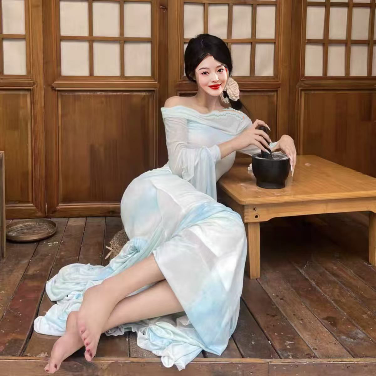 Picture of Fat girl feels beautiful plus size micro fat girl water color shoulder horn sleeve dress new sexy hip fish skirt